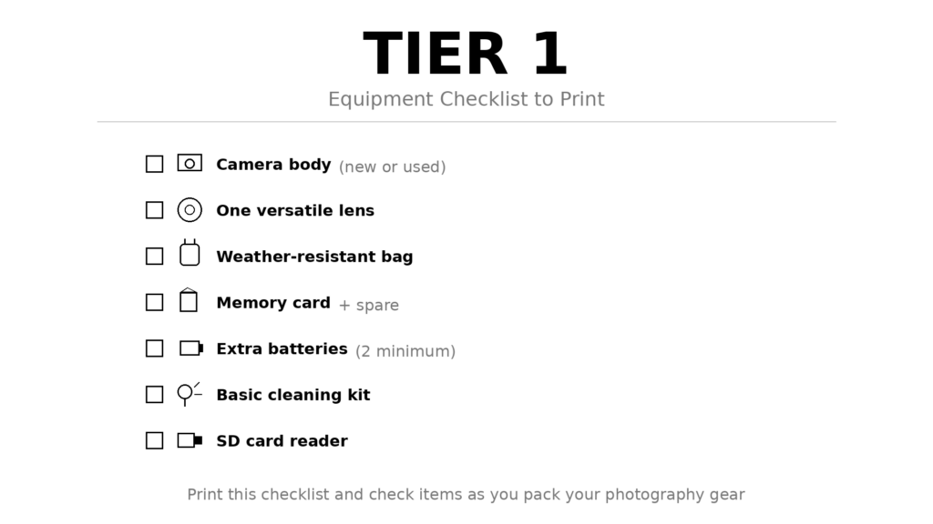 TIER 1 Photographer Equipment Checklist to Print